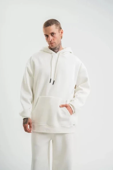 Unisex Double Oversize Kapşonlu Basic SweatShirt - Beyaz ürün görseli