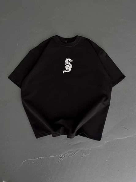 Baskılı Oversize Bisiklet Yaka T-shirt - Siyah ürün görseli