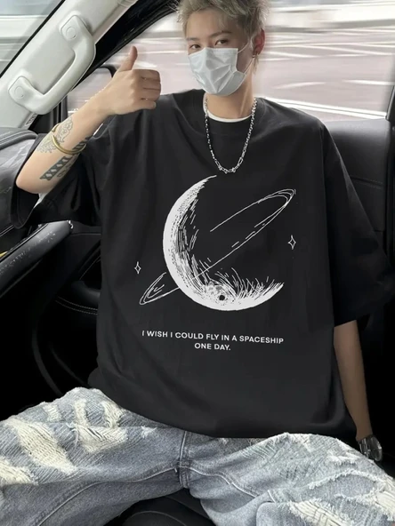 Baskılı Oversize Bisiklet Yaka T-shirt - Siyah - 2