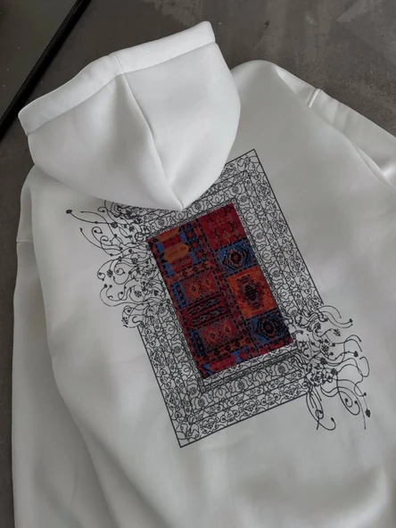 Uzun Kol Kapşonlu Ön Ve Arka Baskılı SweatShirt - Beyaz - Resim 4