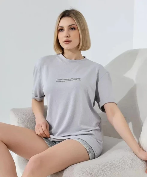 Unisex Bisiklet Yaka Baskılı Slim Fit T-Shirt - Boyalı Gri - Resim 4