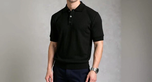 Erkek Kısa Kollu Yakalı Yakadan Düğmeli Triko Bluz - Resim 2