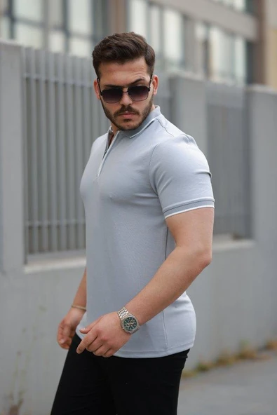 Erkek Fermuar Yakalı çizgi Detaylı Kısa Kollu Tişört - Resim 2