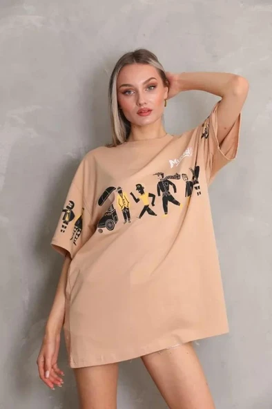 Unisex Bisiklet Yaka Baskılı Oversize T-Shirt - Bej - Resim 4