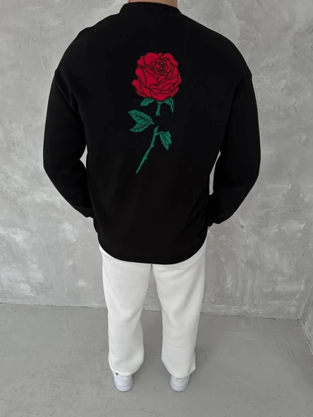 Unisex Bisiklet Yaka Ön Ve Arka Baskılı SweatShirt - Siyah - Resim 2