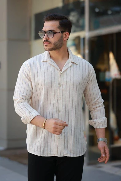 Erkek çizgili Keten Gömlek ürün görseli