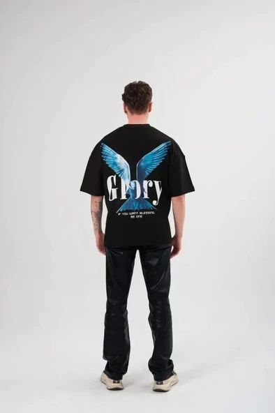 Unisex Bisiklet Yaka Baskılı Oversize T-Shirt - Siyah - Resim 4