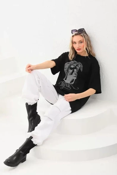 Unisex Taş Desenli Oversize T-Shirt - Siyah - Resim 3