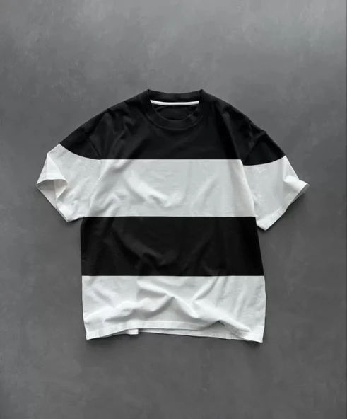 Unisex Bisiklet Yaka Parçalı T-Shirt - Siyah ürün görseli