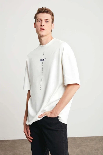 Unisex Baskılı Oversize T-Shirt - Beyaz - Resim 4