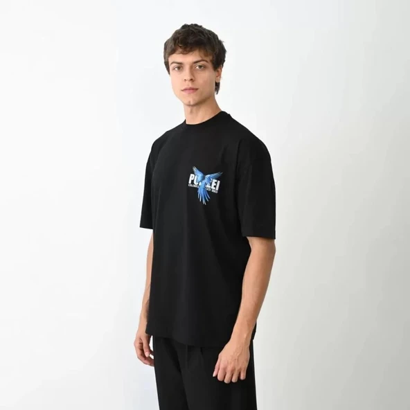 Unisex Bisiklet Yaka Baskılı Oversize T-Shirt - Siyah - 2