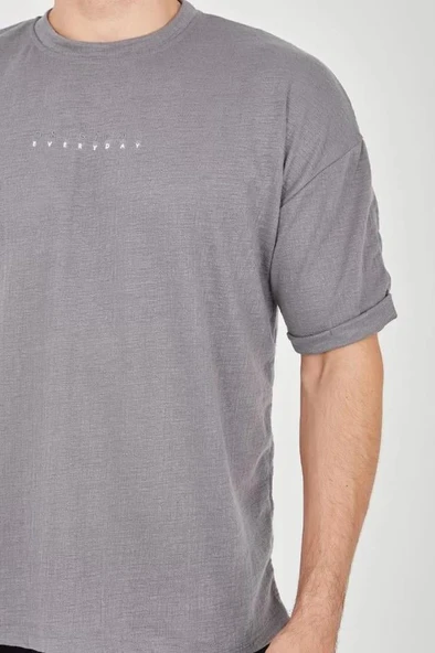 Unisex Jakar Kumaş Rahat Kol T-Shirt - Gri - Resim 2