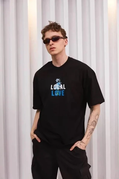 Unisex Bisiklet Yaka Baskılı Oversize T-Shirt - Siyah ürün görseli