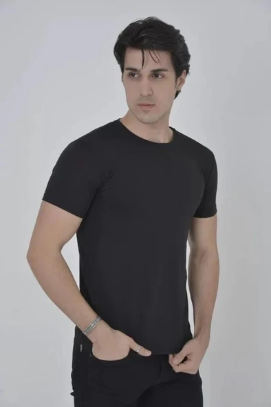 Erkek Yandan Fermuarli Slim Fit T-shirt - Siyah - Resim 2