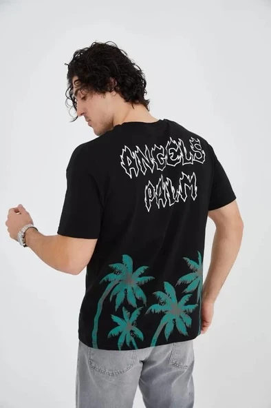 Erkek Baskılı Bisiklet Yaka T-Shirt - Siyah - Resim 3