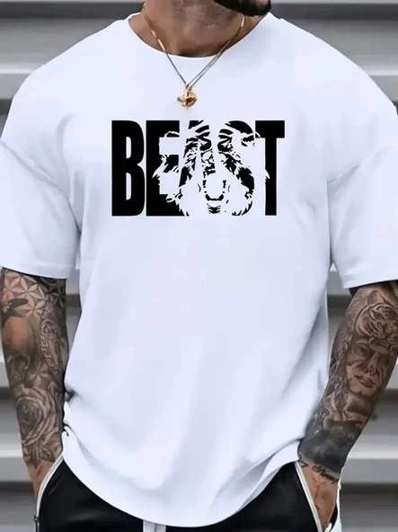 Baskılı Oversize Bisiklet Yaka T-shirt - Beyaz - 1