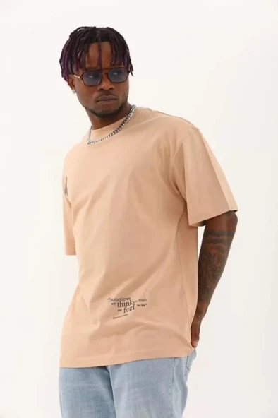 Unisex Oversize Baskılı Bisiklet Yaka T-Shirt - Bej ürün görseli