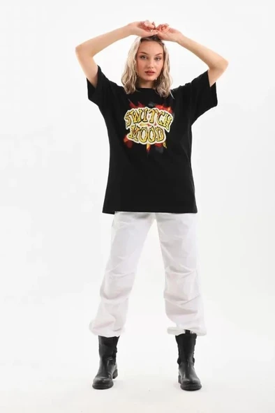 Unisex Baskılı Oversize T-Shirt - Siyah - Resim 4