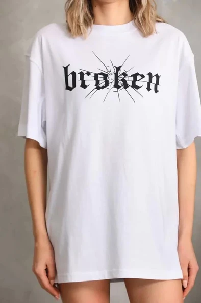 Unisex Baskılı Oversize T-Shirt - Beyaz - Resim 3