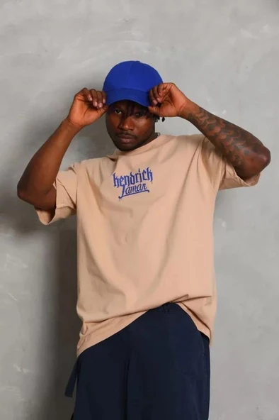 Unisex Oversize Baskılı Bisiklet Yaka T-Shirt - Bej ürün görseli