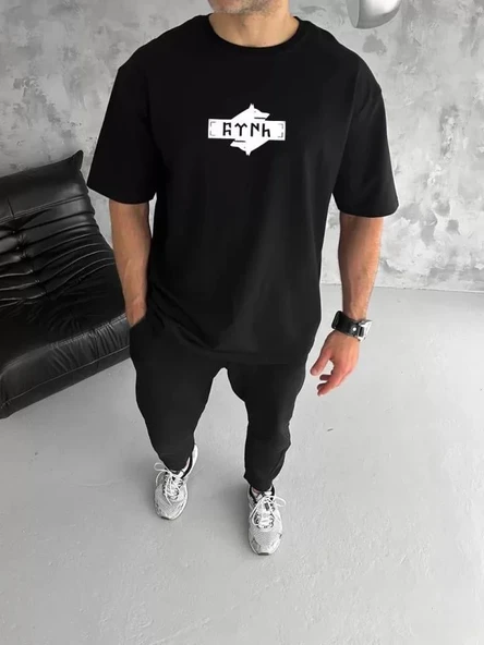 Unisex Bisiklet Yaka Baskılı Double Oversize T-Shirt - Siyah - Resim 2