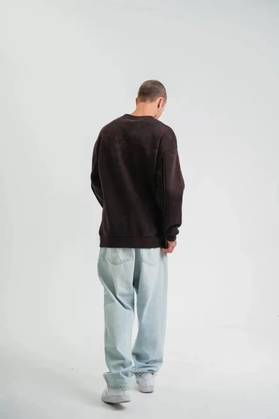 POLIZEI Premium Kalite Bisiklet Yaka Yıkamalı SweatShirt - Kahverengi - Resim 2