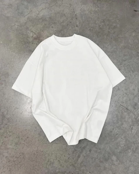 Unisex Basic Bisiklet Yaka Oversize T-Shirt - Beyaz ürün görseli