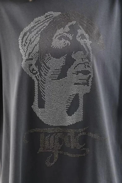 Unisex Taş Desenli Oversize T-Shirt - Füme - Resim 2