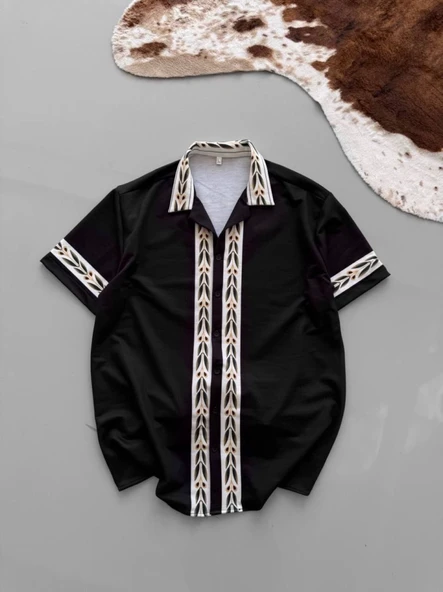 İki İplik Kumaş Baskılı Gömlek - Siyah ürün görseli