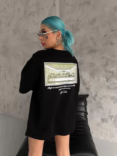 Unisex Baskılı Oversize T-Shirt - Siyah ürün görseli
