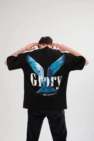 Unisex Bisiklet Yaka Baskılı Oversize T-Shirt - Siyah - Resim 2