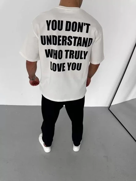 Unisex Bisiklet Yaka Baskılı Oversize T-Shirt - Beyaz - Resim 3