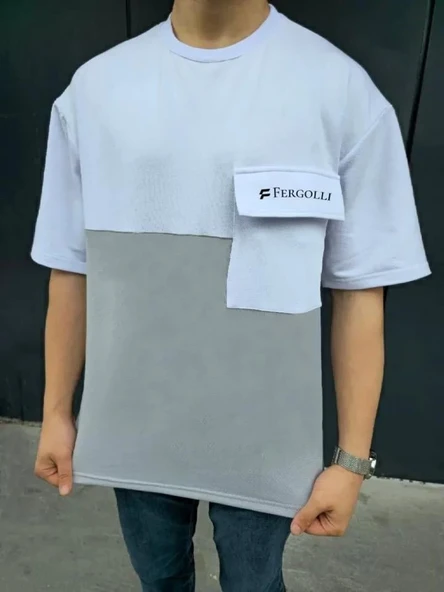 Unisex Torba Cep Detaylı  Parçalı T-Shirt - Gri ürün görseli