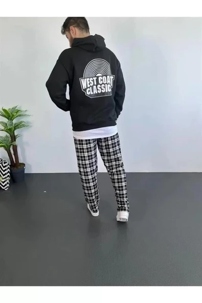 Erkek Sırt Baskılı Kapüşonlu Üç İplik Oversize Sweatshirt - Siyah - Resim 2