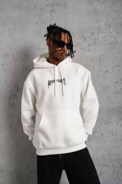 Erkek Kordon İpli Baskılı Kapüşonlu Sweatshirt - Beyaz ürün görseli