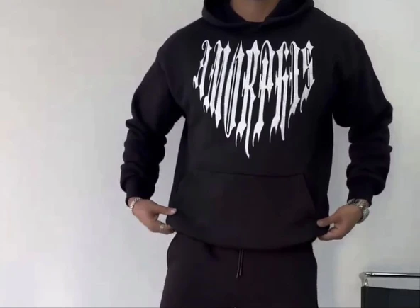 Uzun Kol Kapşonlu Baskılı SweatShirt - Siyah ürün görseli