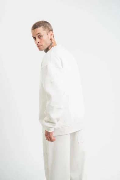 Unisex Uzun Kol Bisiklet Yaka Yıkamalı SweatShirt - Beyaz - Resim 3