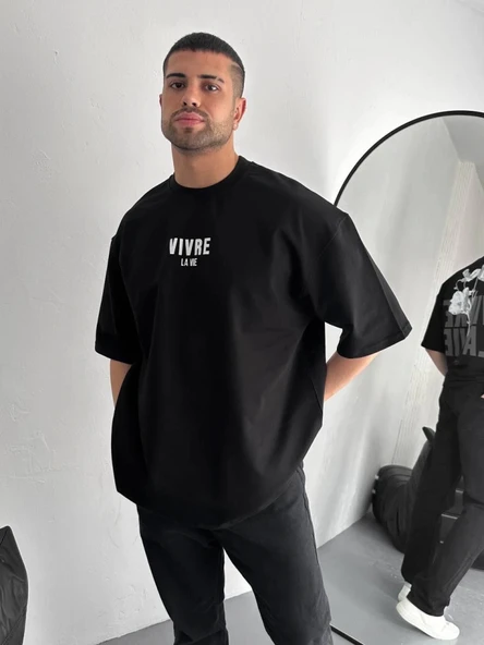 Baskılı Oversize Bisiklet Yaka T-shirt - Siyah - Resim 4