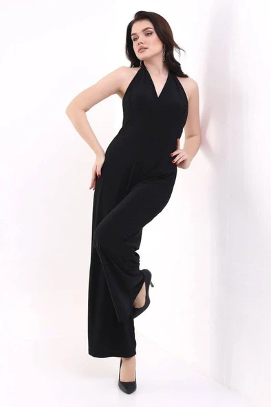 Kadın V YakaSırt Dekolteli Geniş Paça Sandy Kumaş Fırsat Ürün Tulum - Resim 6