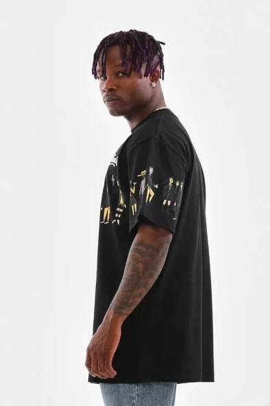 Unisex Bisiklet Yaka Baskılı Oversize T-Shirt - Siyah - Resim 4