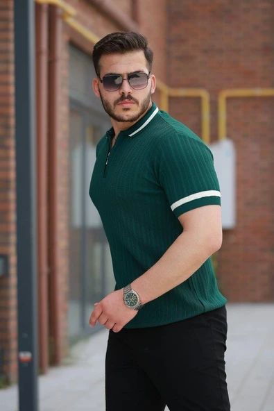 Erkek Yaka Ve Kolları çizgi Detaylı Fermuarlı Kısa Kollu T-shirt - Resim 2