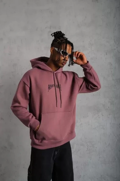 Erkek Kordon İpli Baskılı Kapüşonlu Sweatshirt - Gül Kurusu - Resim 2