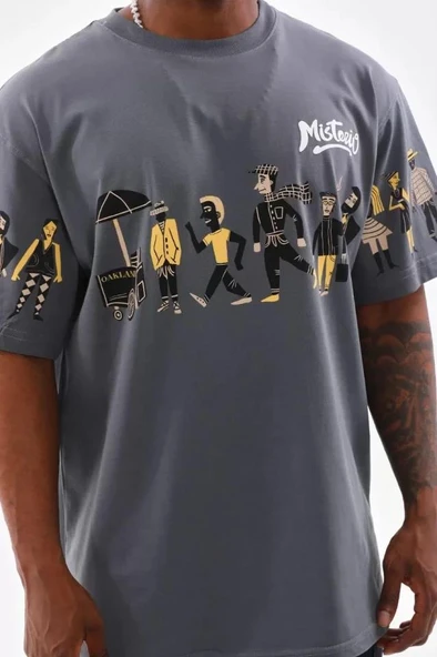 Unisex Bisiklet Yaka Baskılı Oversize T-Shirt - Gri - Resim 2