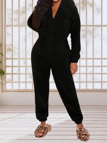 Kadın Uzun Kollu Kapüşonlu Tavşan Kulak Detaylı Peluş Tulum - Resim 4