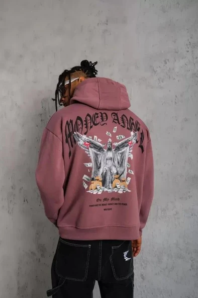 Erkek Kordon İpli Baskılı Kapüşonlu Sweatshirt - Gül Kurusu ürün görseli