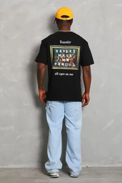 Unisex Oversize Baskılı Bisiklet Yaka T-Shirt - Siyah - Resim 4