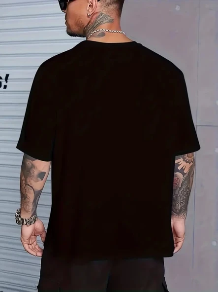 Baskılı Oversize Bisiklet Yaka T-shirt - Siyah - 2
