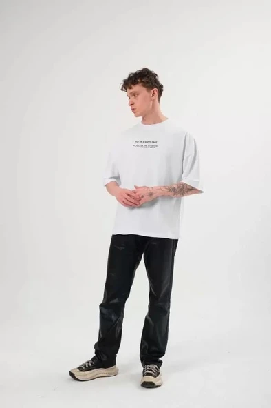 Unisex Bisiklet Yaka Baskılı Oversize T-Shirt - Beyaz ürün görseli