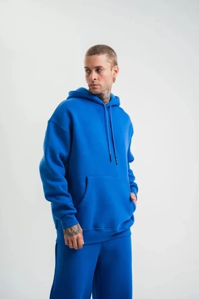 Unisex Double Oversize Kapşonlu Basic SweatShirt - Mavi - Resim 3