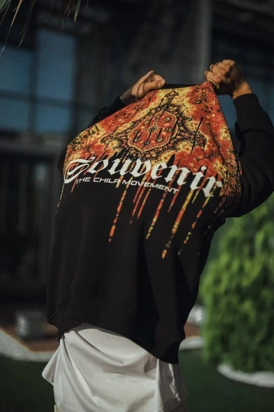 Oversize Bisiklet Yaka Baskılı SweatShirt - Siyah - Resim 3